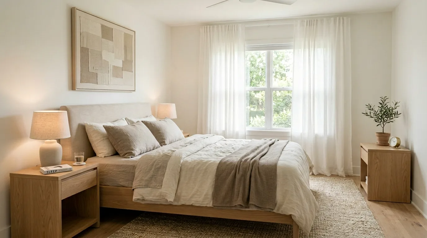 Calming neutral bedroom with layered bedding, soft wood, and filtered light.